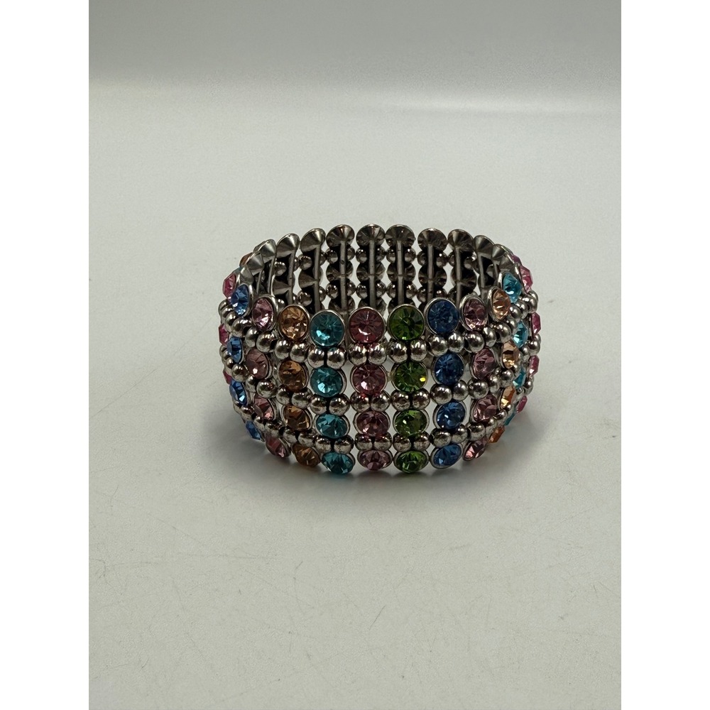 Multi Color Rhinestone Stretch Bracelet Silver Tone 4 Row Rainbow Crystal Cuff